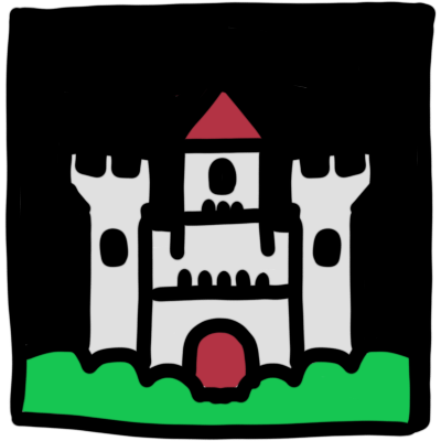 a simple high contrast drawing of a light grey castle with a black background. the castle has a red tower roof and door and greenery in front of it.